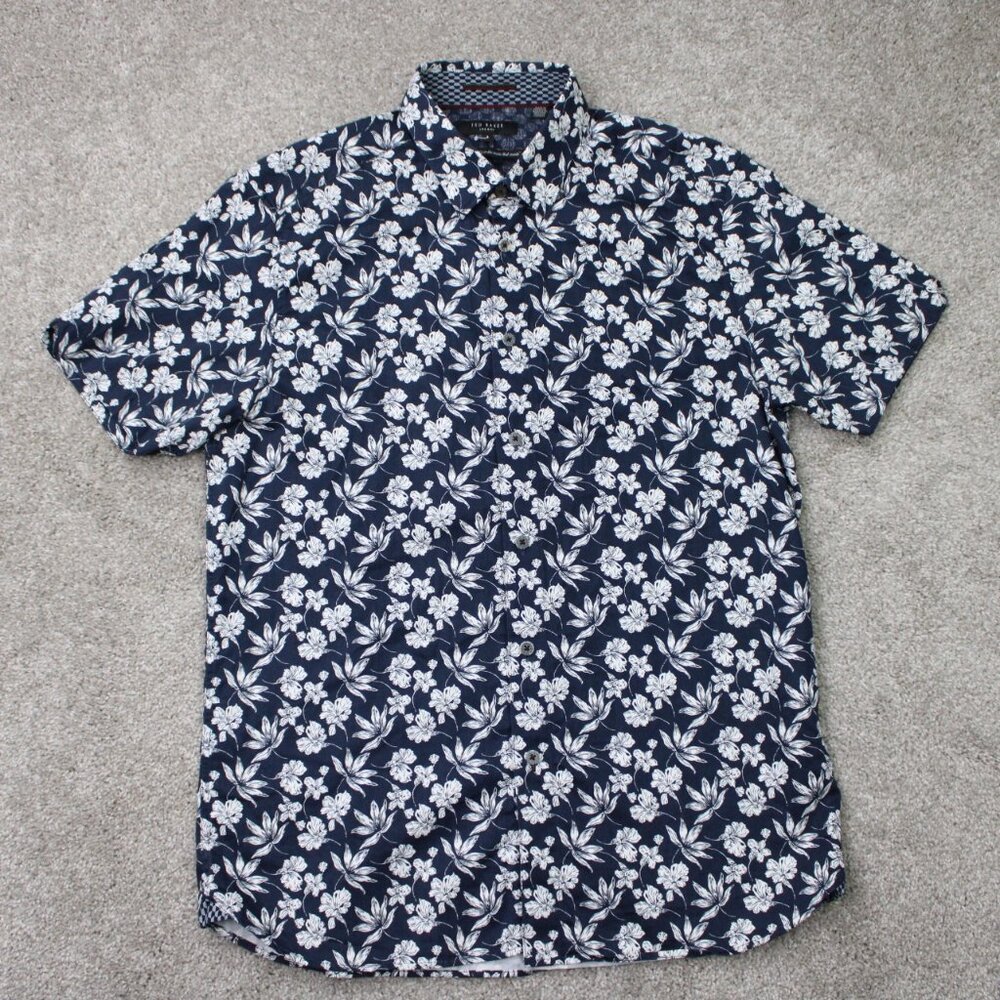 Ted Baker London Shirt Mens 4 Blue‎ Floral 100% Cotton Short Sleeve Button Down